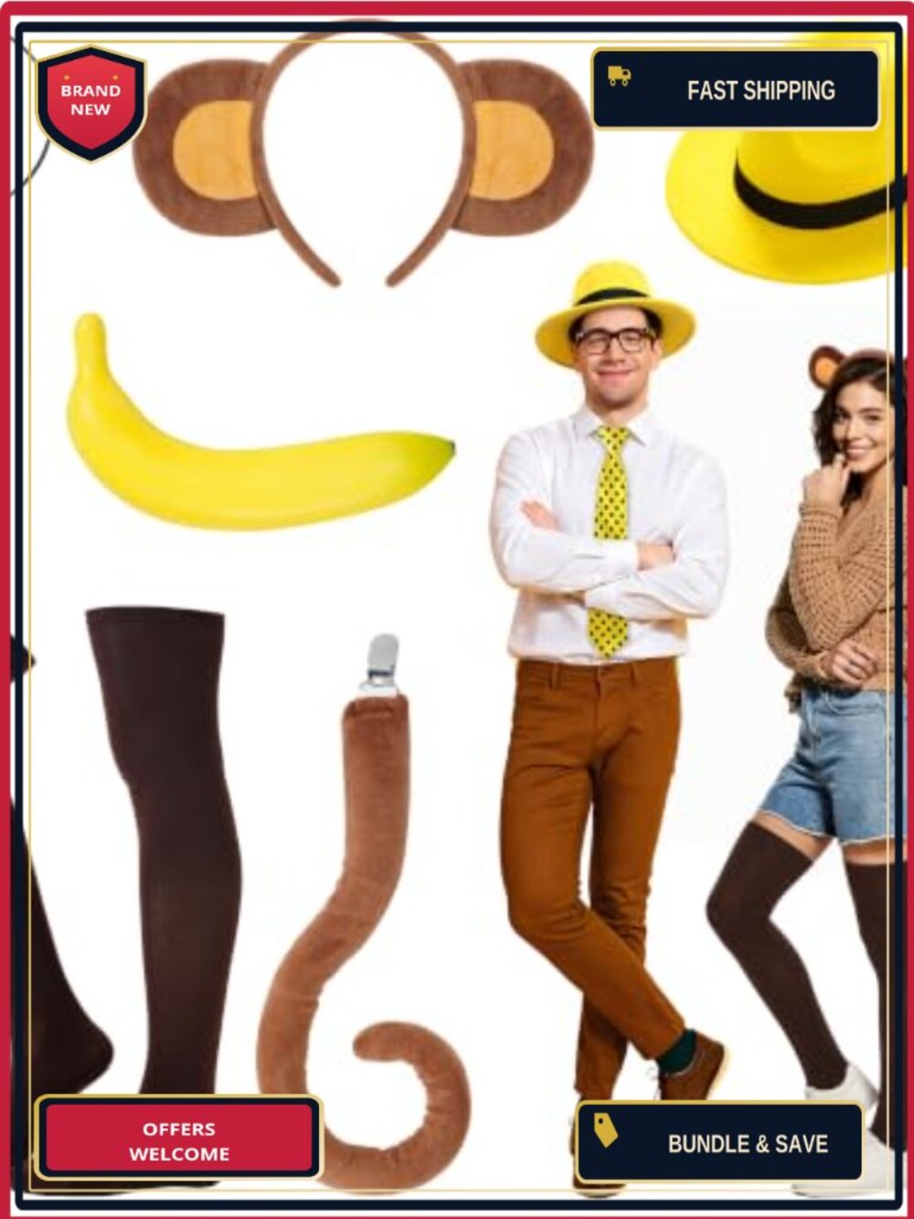 7 Pc Monkey Costume Accessory Set Hat Tie Tail Headband for Halloween Adult